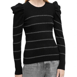 7 For All Mankind Women's S Black Silver Striped Knit Sweater Ruffle Sleeve